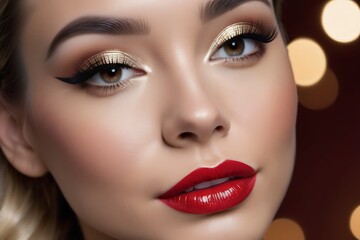 Closeup portrait of beautiful young woman with bright makeup and red lips.