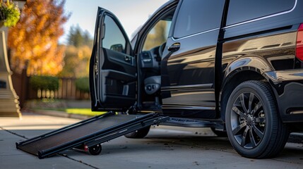 A black van with a ramp attached, ideal for wheelchair access or loading equipment
