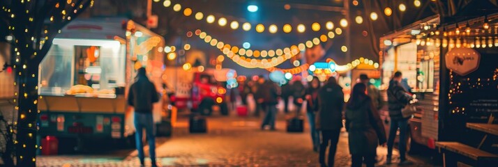 Evening street celebration featuring individuals and food trucks, bokeh photography