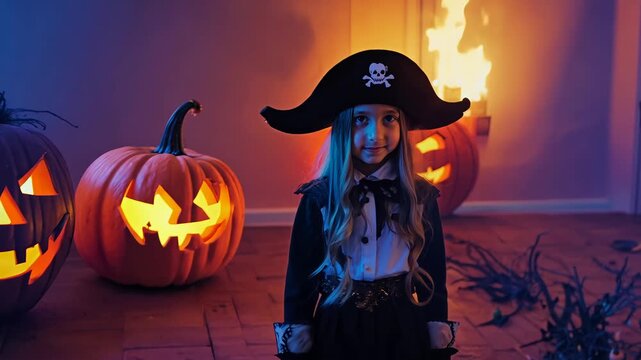 A child in a pirate costume stands proudly beside carved pumpkins during Halloween festivities