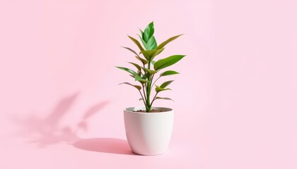 Fototapeta premium Green Plant in White Pot on Pink Background.