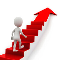 Climbing the Ladder of Success: A 3D figure ascends a bold red staircase towards a soaring arrow, symbolizing ambition, progress, and achieving goals. 