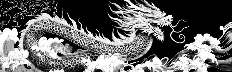 Obraz premium monochrome dragon designs with intricate patterns, set against a plain background to highlight the dragon's mythical power and significance