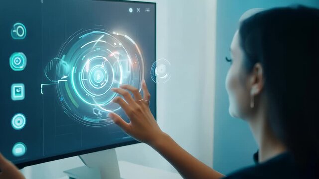 A person engages with a high-tech display using touch gestures in a contemporary office setting