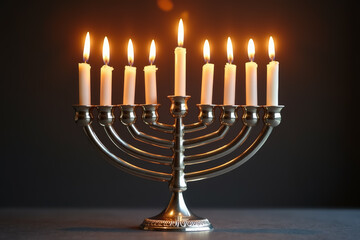 A menorah with nine lit candles, Hanukkah attribute.