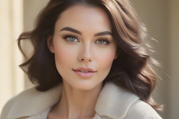 Naklejka premium Portrait of a beautiful young brunette woman in a beige coat