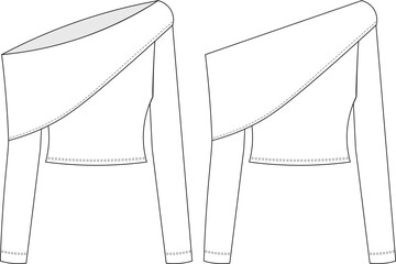 off the shoulder asymmetric boat neck long sleeve cropped crop blouse top sweater knitwear boat neck template technical drawing flat sketch cad mockup fashion woman design style model
