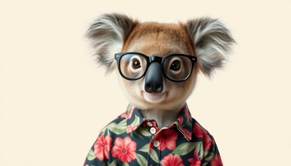 Obraz premium Koala wearing glasses and a floral shirt.