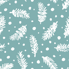 Vector seamless pattern with spruce branches and snowflakes. Cute Christmas design for wrapping paper, textile, wallpaper and backgrounds.