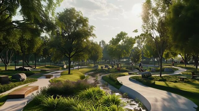 A peaceful park scene features winding pathways, lush greenery, and beautiful trees. The sun shines through, creating a tranquil ambiance. It's a perfect setting for a leisurely stroll on a calm