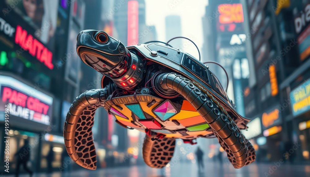 Wall mural Cybernetic Turtle Flying Over Cityscape.