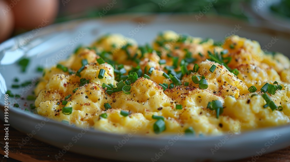 Sticker Get close-up shots of a plate of fluffy scrambled eggs, featuring creamy texture and a sprinkle of fresh herbs.