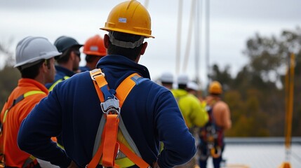 Generate a photo realistic image of workers undergoing fall protection training, with instructors demonstrating harness use, anchor points, and safety procedures