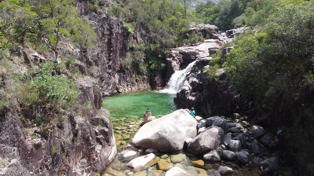 CASCATA DA PORTELA DO HOMEM, PARQUE NACIONAL PENEDA-GER&Ecirc;S, PORTUGAL - JUNE 12TH 2023:  Drone overview of one of the waterfalls at this beutiful nature reserve in Northern Portugal. Sunny day.