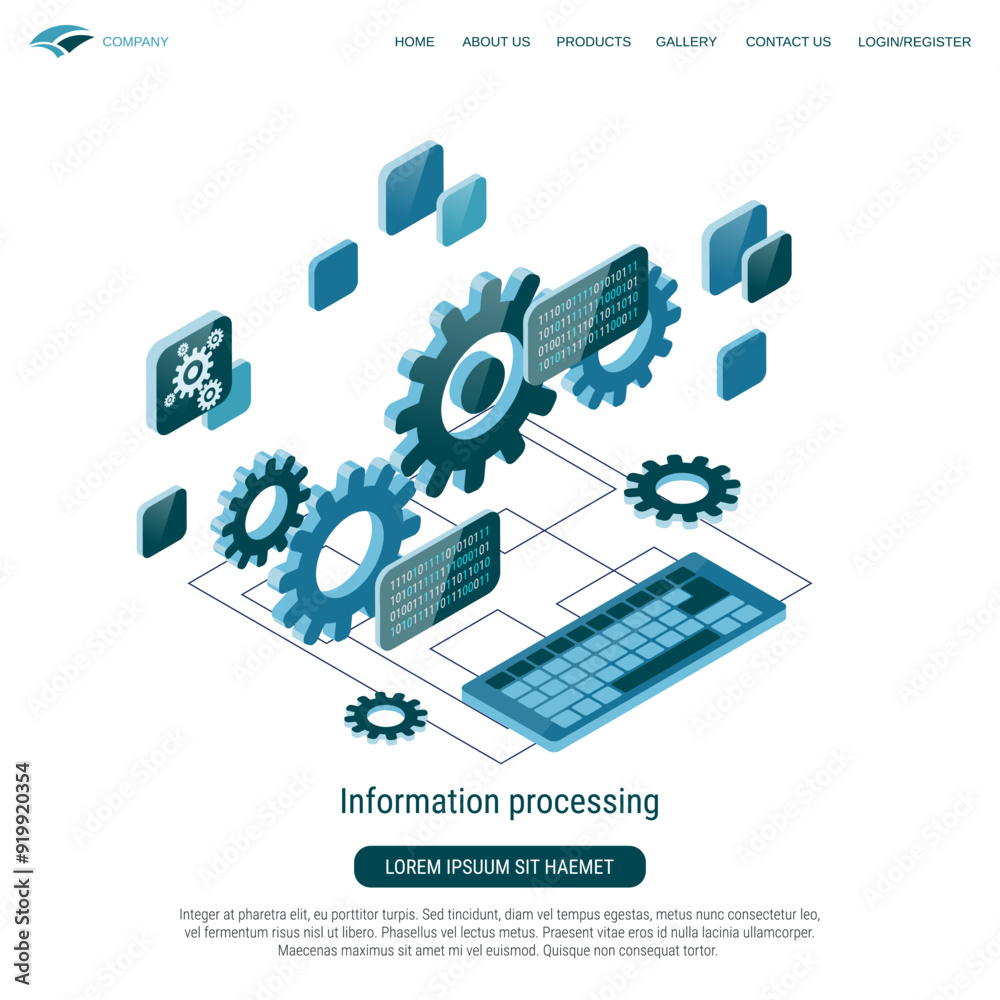 Wall mural information processing, data computing flat 3d isometric vector concept illustration