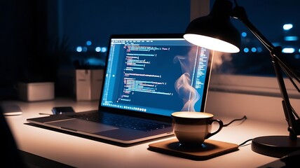 A cozy nighttime scene of a person immersed in coding on their laptop, a steaming cup of coffee within reach, and a dimly lit room.