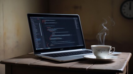 A cozy nighttime scene of a person immersed in coding on their laptop, a steaming cup of coffee within reach, and a dimly lit room.