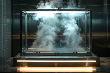 Steel and glass enclosure with swirling smoke lit from above in industrial setting
