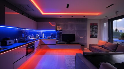Create a stylish kitchen with a sleek TV screen mounted on the wall and LED strips installed under the