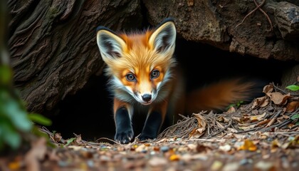 Red Fox Peeking Out of Den.