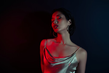 Fototapeta premium Photo of dreamy shiny woman dressed sexy top celebrate birthday empty space isolated black color background