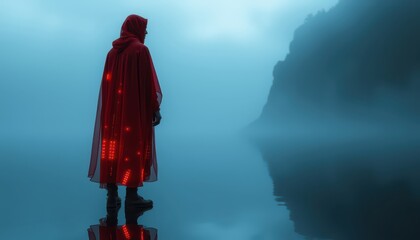 Fototapeta premium Mysterious Figure in Red Cape Standing on Water.
