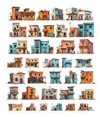 Abandoned dwellings cartoon vector collection. District slums aged derelict structures decay huts impoverished enclave low quality criminal neglected scrapyard buildings, isolated arts