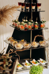 Assortment of delicious snacks on the open buffet festive table in restaurant. Catering plate