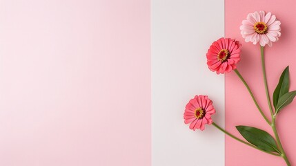 Obraz premium Three Pink Zinnias on Pink and White Background, Perfect for Floral Marketing, Banners, and Social Media Content with Ample Copyspace for Text
