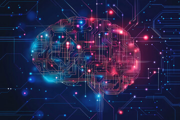 Naklejka premium A digital brain composed of glowing circuits and nodes symbolizes artificial intelligence and technology innovation against a dark background