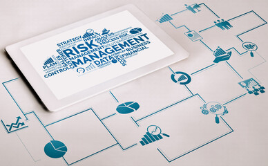 Risk Management and Assessment for Business Investment Concept. Modern graphic interface showing symbols of strategy in risky plan analysis to control unpredictable loss and build financial safety.
