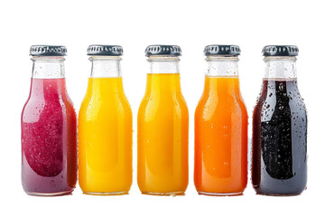 row juices of a bottles separated from white and transparent background