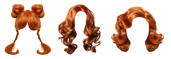 3 isolated cutouts of female long red hair without background