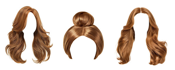3 isolated cutouts of female long brunette hair without background