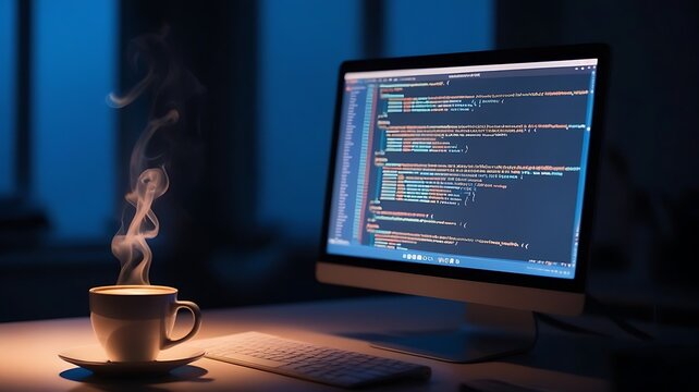 A night-time coding environment featuring a desktop, a steaming cup of coffee, and a focused programmer working on code in a softly lit room.