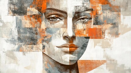 Abstract Cubist Faces with Orange and Grey Palette, Geometric Shapes, and Fragmented Forms on Textured Background.