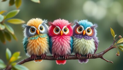 Obraz premium Three Colorful Owls Perched on a Branch.