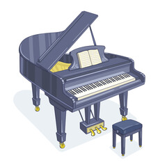 Musical instruments. Big black concert grand piano and piano stool. Isolated on white background. Vector illustration.