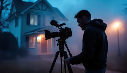 Fototapeta premium Videographer Filming in Fog at Night.