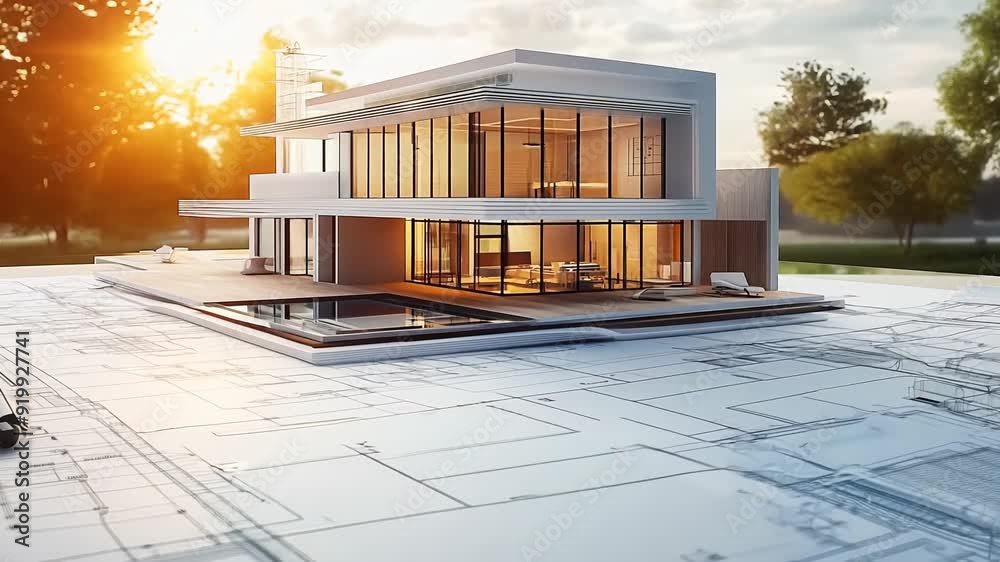 Aufkleber architecture model on top of blueprints in construction site