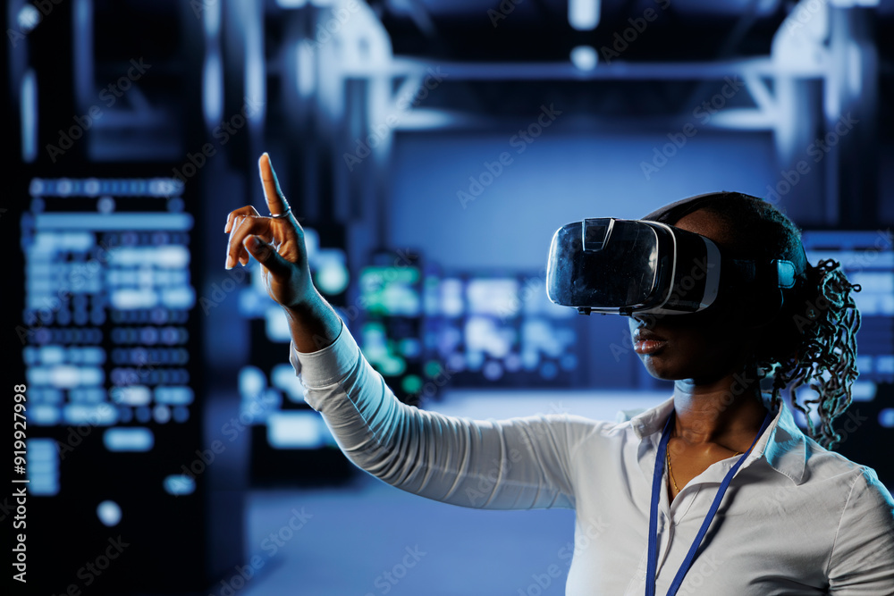 Poster system administrator in data center uses virtual reality to prevent servers overload. employee with 