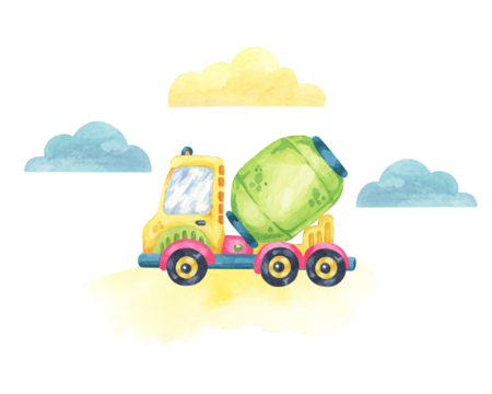 Colorful cement mixer truck with a green drum and yellow cab with soft clouds. Vehicle toy Watercolor clipart for use in children's books, construction-themed designs, or educational materials