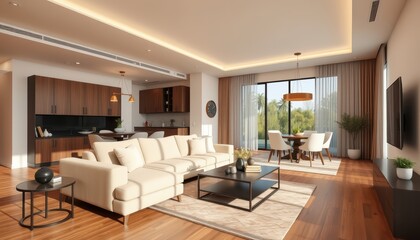 Fototapeta premium Modern Living Room Interior Design with Large Windows and White Sofa.
