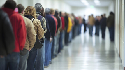 Long line voting booth location hospital clinic hallway waiting