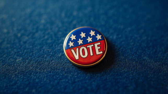 Vintage patriotic red white blue VOTE voting button lapel pin on blue background