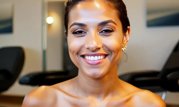 Portrait video of a happy woman showcasing sun-kissed glow in contemporary tanning salon setting