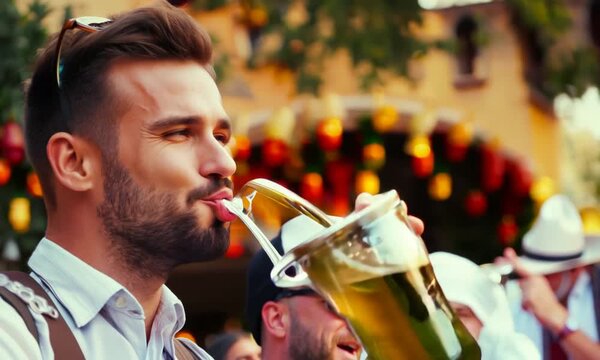 vertical young bavarian man toasting with two beer glasses and winking at camera during oktoberfest