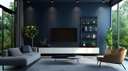 A modern living room with a dark blue wall and a TV cabinet.