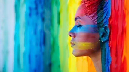 Fototapeta premium Side profile of a woman with vibrant rainbow paint, blending into a matching multicolored dripping background