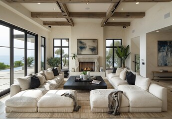 Spacious white modern living room with a fireplace and large windows in a coastal home